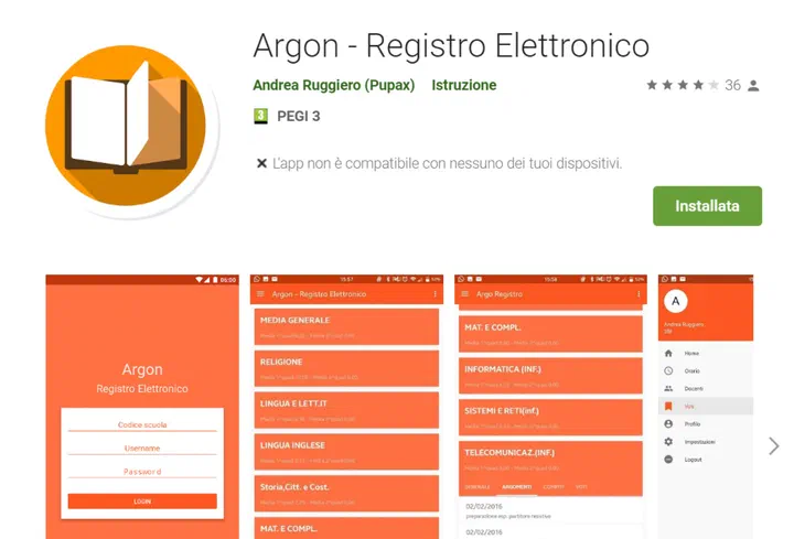 Pagina di Argon - Registro Elettronico sul Play Store, con le schermate dell&rsquo;app arancione