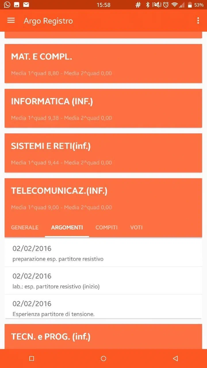 Schermata di Argo Registro su Android: medie per materia del primo quadrimestre e argomenti delle lezioni