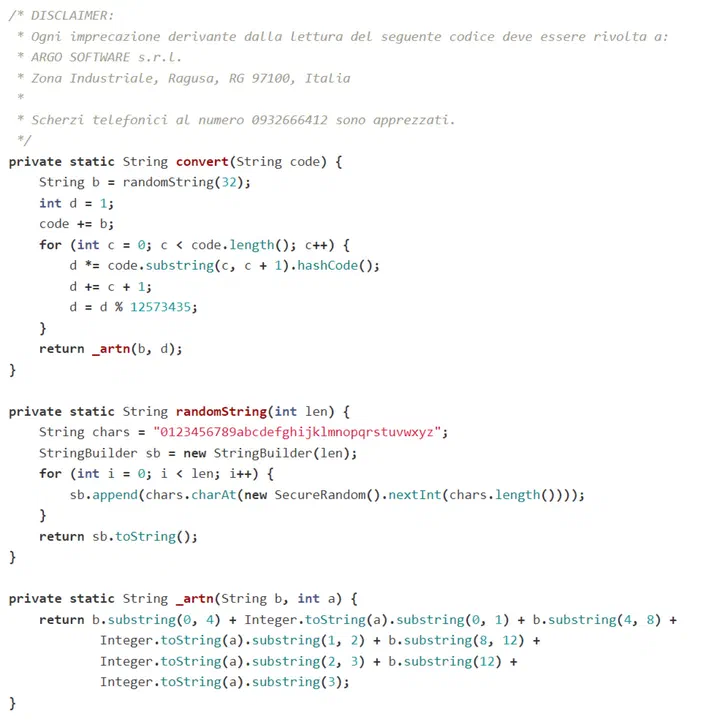 Codice Java decompilato dell&rsquo;algoritmo con cui Argo cifrava la chiave di accesso alle API