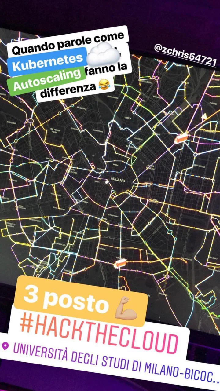 Mappa delle linee di Milano nella webapp di Roadsense, con il terzo posto a Hack the Cloud