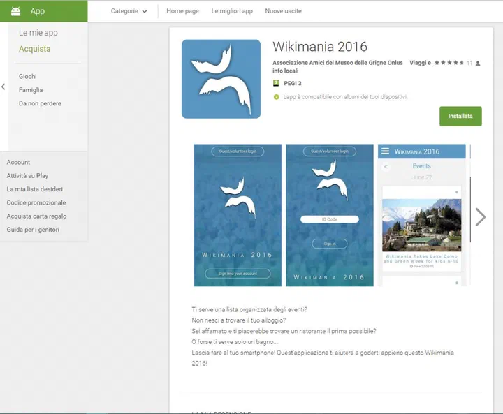 Pagina dell&rsquo;app Wikimania 2016 sul Play Store