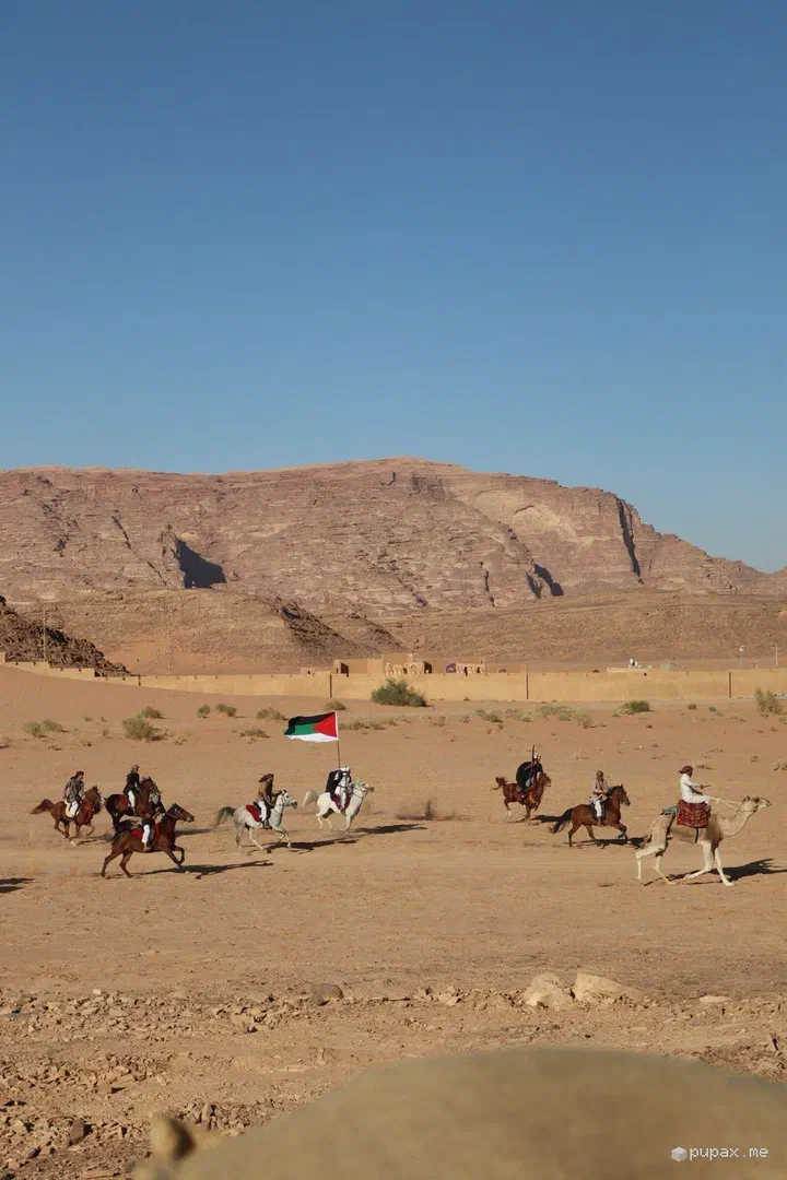 Cavalieri e cammelli durante una rievocazione storica nel deserto